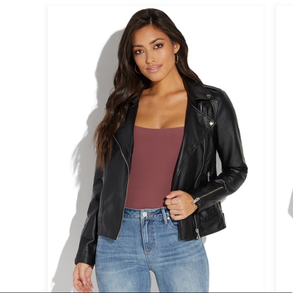 Black Faux Leather Classic Moto Jacket, NWT